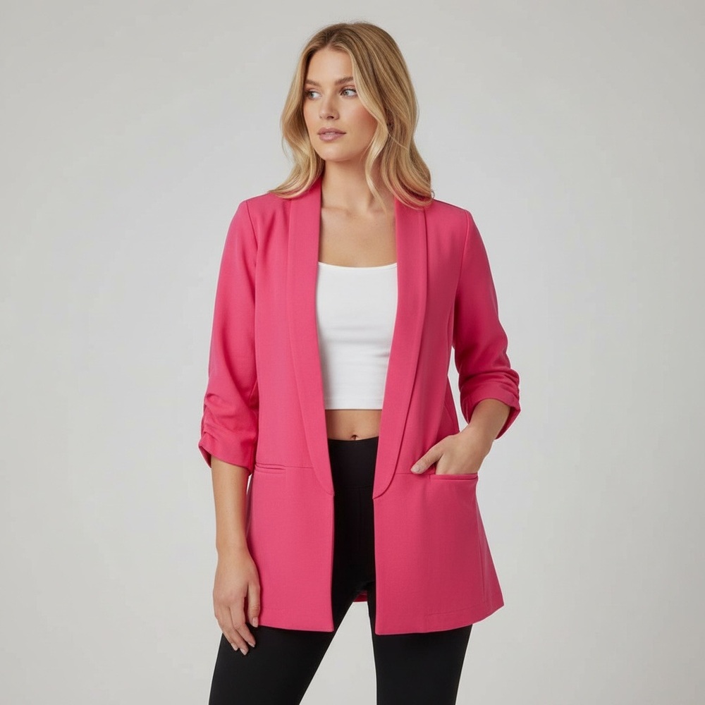 Blue Sol Hot Pink Blazer 1X Open Front Notched Lapel 3/4 Ruched Sleeves